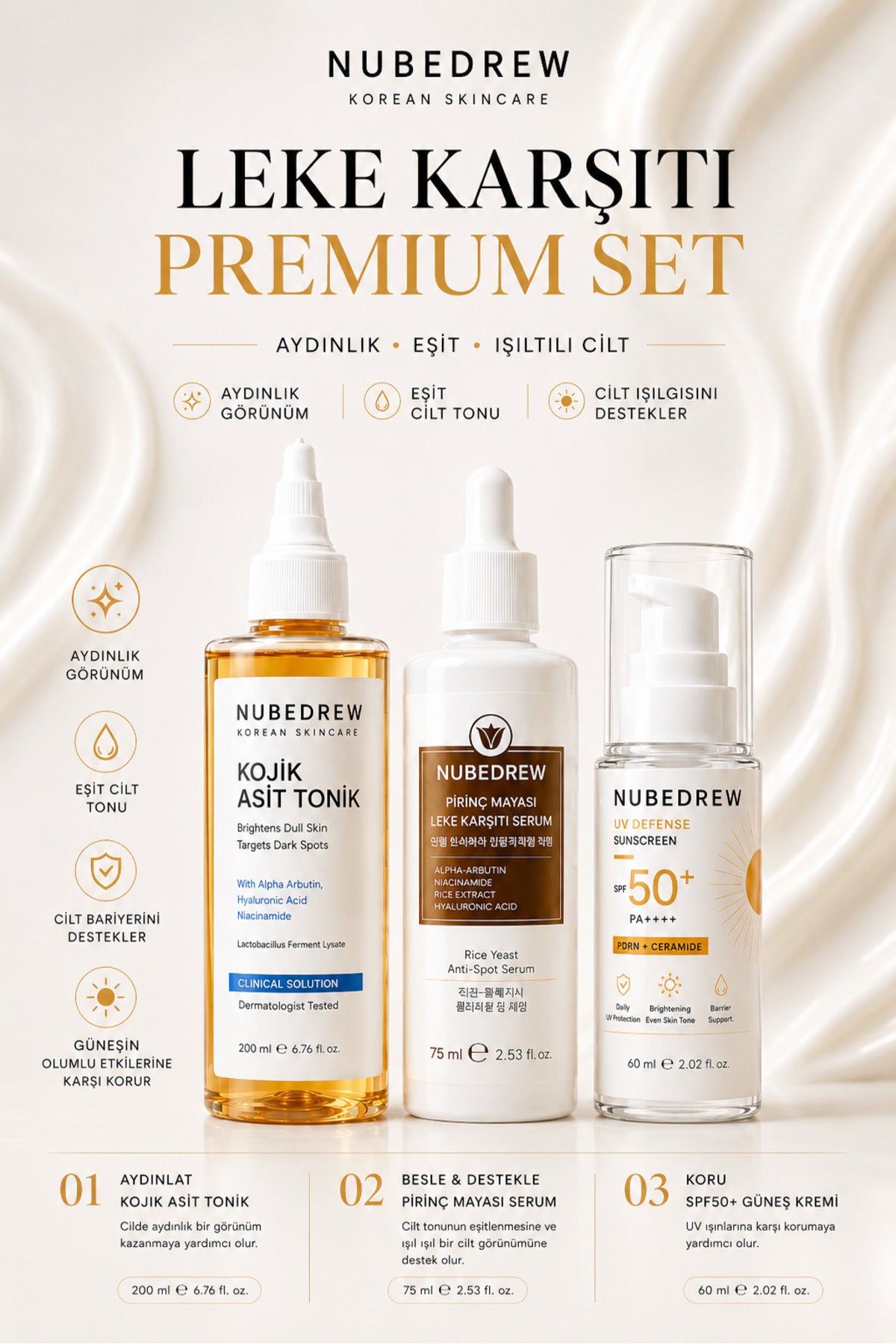Leke Karşıtı Premium Cilt Bakım Seti Kojik Asit Tonik 200 ml Pirinç Mayası Serum 75 ml SPF50+ PA++++ Güneş Kremi 60 ml