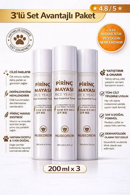 3 Adet Pirinç Mayası Tonik 200 ml Aydınlatıcı Beyazlatıcı Leke Karşıtı Nemlendirici Bakım Etkili
