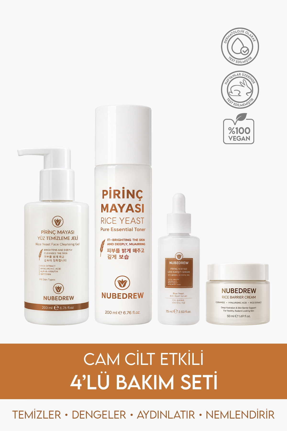 Pirinç Mayası 4'lü Premium Cam Cilt Bakım Seti Temizleme Jeli, Tonik, Serum ve Nemlendirici Krem