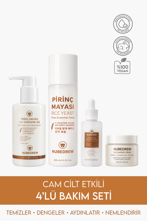 Pirinç Mayası 4'lü Premium Cam Cilt Bakım Seti Temizleme Jeli, Tonik, Serum ve Nemlendirici Krem