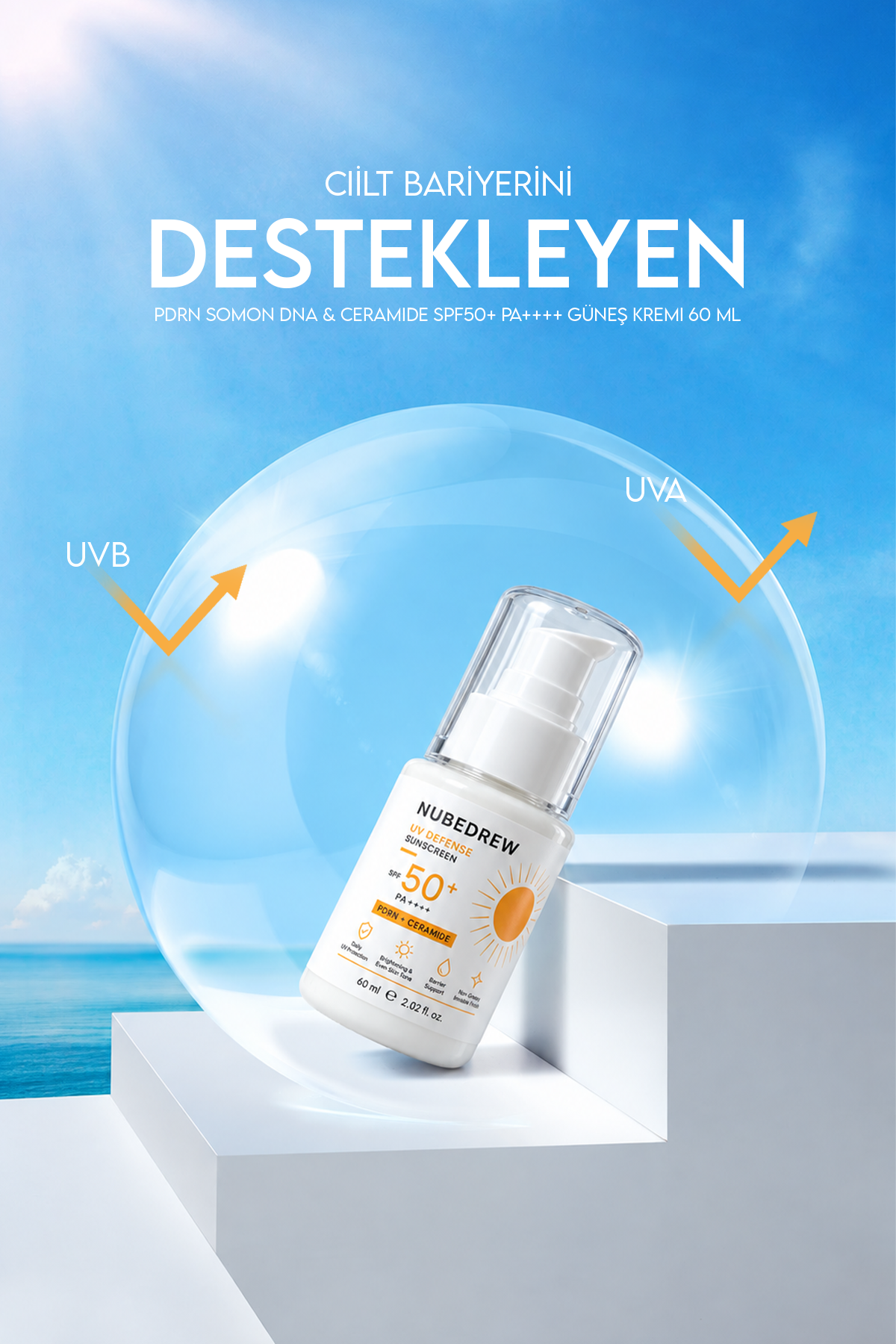 NUBEDREW PDRN Somon DNA & Ceramide SPF50+ PA++++ Güneş Kremi 60 ML  Beyaz İz Bırakmayan, Leke Karşıtı ve Cilt Bariyeri Destekleyici
