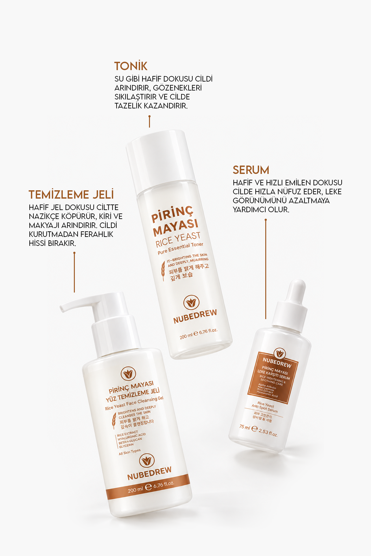 Pirinç Mayası 3'lü Cilt Bakım Seti – Tonik + Leke Karşıtı Serum + Yüz Temizleme Jeli