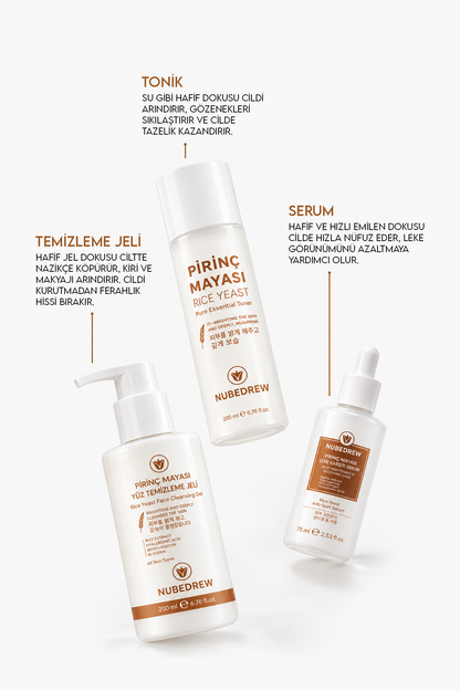 Pirinç Mayası 3'lü Cilt Bakım Seti – Tonik + Leke Karşıtı Serum + Yüz Temizleme Jeli