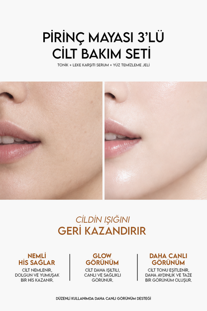 Pirinç Mayası 3'lü Cilt Bakım Seti – Tonik + Leke Karşıtı Serum + Yüz Temizleme Jeli