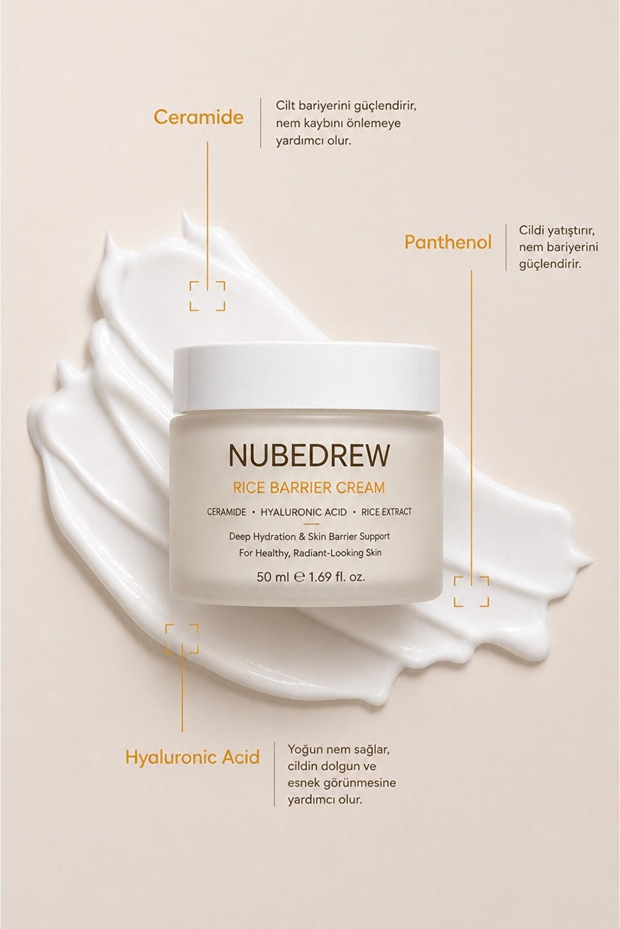Ceramide Nemlendirici Yüz Kremi 50 ML Cilt Bariyeri Güçlendirici Hyaluronic Acid ve Pirinç Özlü Bakım Kremi