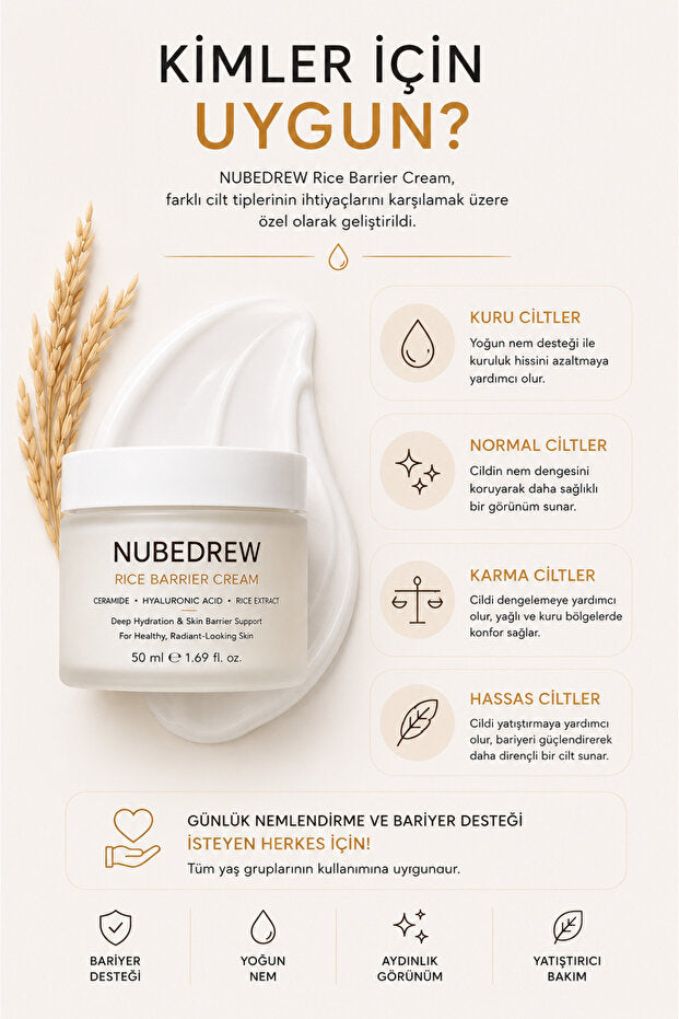 Ceramide Nemlendirici Yüz Kremi 50 ML Cilt Bariyeri Güçlendirici Hyaluronic Acid ve Pirinç Özlü Bakım Kremi