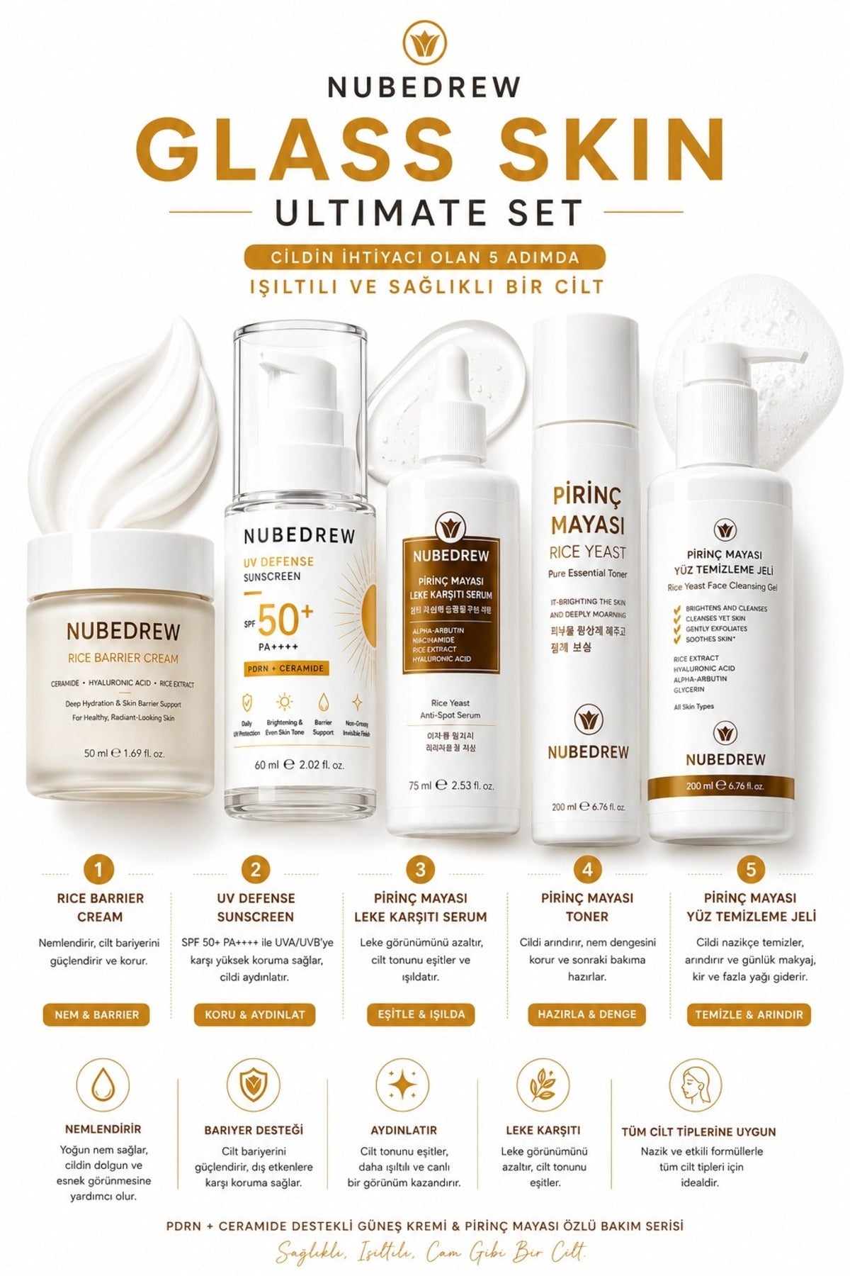 Glass Skin Ultimate 5'li Cam Cilt Bakım Seti Pirinç Mayası Serum Tonik Temizleme Jeli Nemlendirici SPF50+