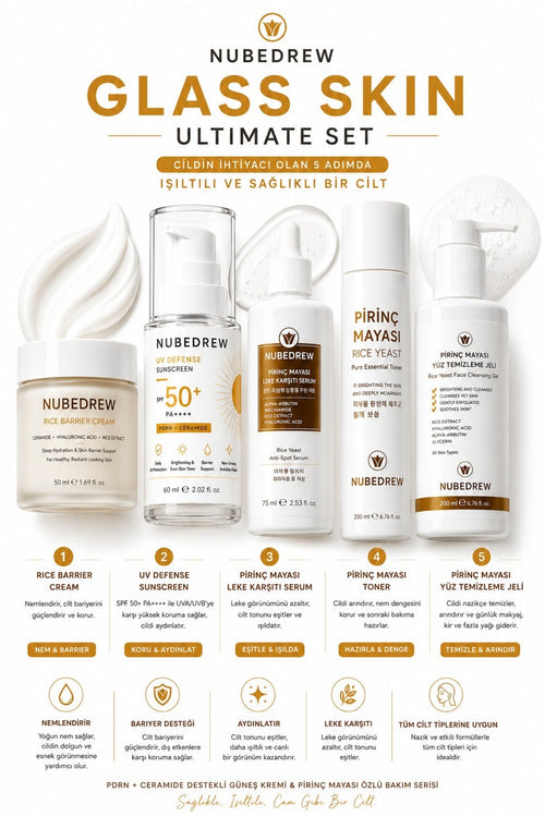 Glass Skin Ultimate 5'li Cam Cilt Bakım Seti Pirinç Mayası Serum Tonik Temizleme Jeli Nemlendirici SPF50+