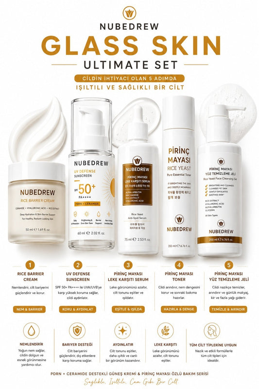 Glass Skin Ultimate 5'li Cam Cilt Bakım Seti Pirinç Mayası Serum Tonik Temizleme Jeli Nemlendirici SPF50+