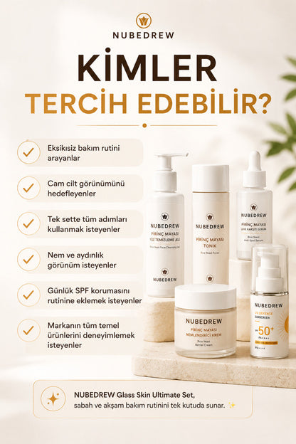 Glass Skin Ultimate 5'li Cam Cilt Bakım Seti Pirinç Mayası Serum Tonik Temizleme Jeli Nemlendirici SPF50+