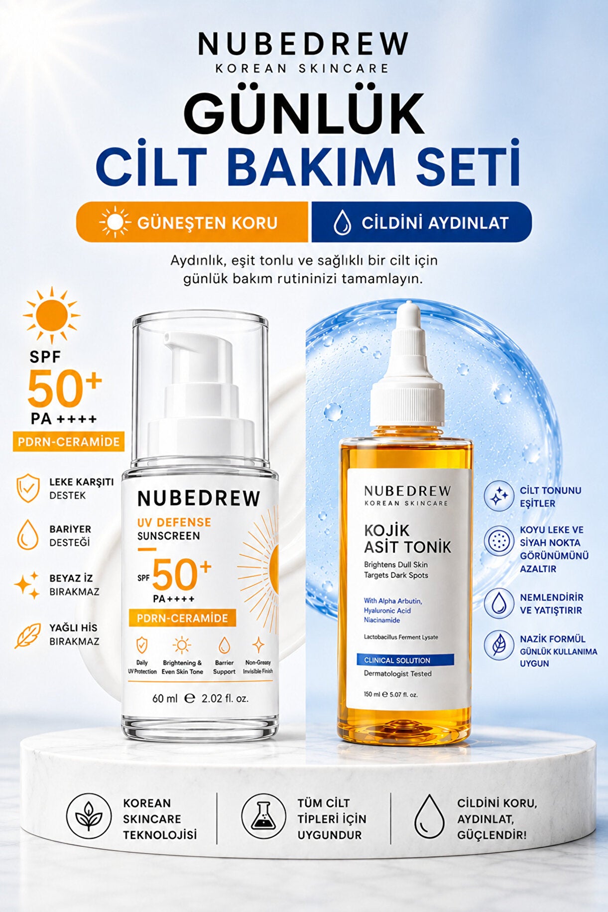 Günlük Cilt Bakım Seti SPF50+ PDRN Ceramide Güneş Kremi ve Kojik Asit Tonik Aydınlatıcı Nemlendirici Bakım Seti