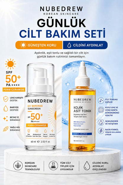 Günlük Cilt Bakım Seti SPF50+ PDRN Ceramide Güneş Kremi ve Kojik Asit Tonik Aydınlatıcı Nemlendirici Bakım Seti