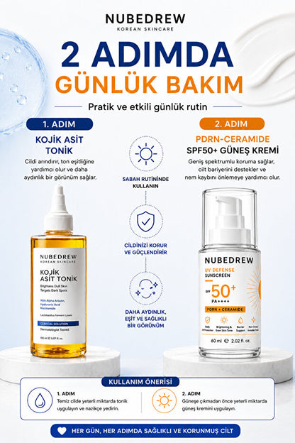 Günlük Cilt Bakım Seti SPF50+ PDRN Ceramide Güneş Kremi ve Kojik Asit Tonik Aydınlatıcı Nemlendirici Bakım Seti