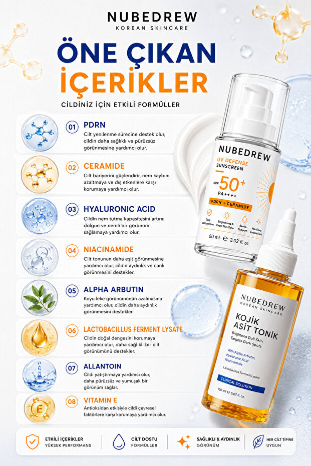 Günlük Cilt Bakım Seti SPF50+ PDRN Ceramide Güneş Kremi ve Kojik Asit Tonik Aydınlatıcı Nemlendirici Bakım Seti
