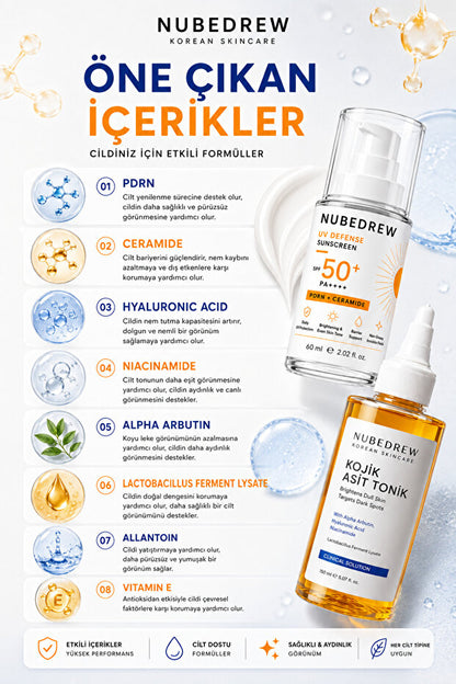 Günlük Cilt Bakım Seti SPF50+ PDRN Ceramide Güneş Kremi ve Kojik Asit Tonik Aydınlatıcı Nemlendirici Bakım Seti