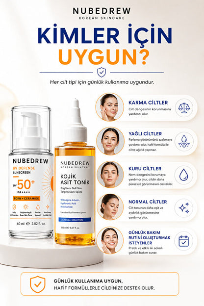 Günlük Cilt Bakım Seti SPF50+ PDRN Ceramide Güneş Kremi ve Kojik Asit Tonik Aydınlatıcı Nemlendirici Bakım Seti