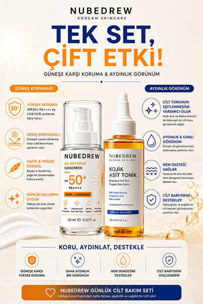 Günlük Cilt Bakım Seti SPF50+ PDRN Ceramide Güneş Kremi ve Kojik Asit Tonik Aydınlatıcı Nemlendirici Bakım Seti