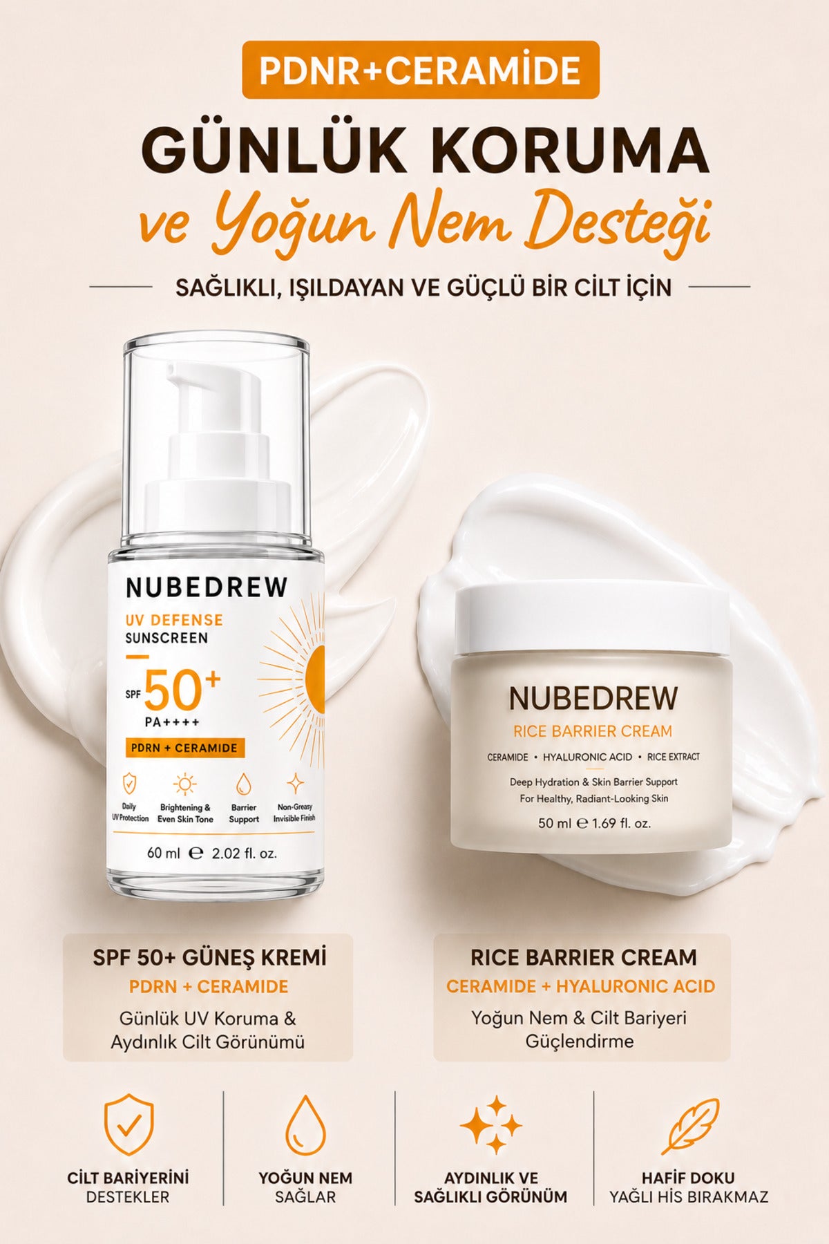 PDRN + Ceramide Premium Bakım Seti SPF50+ Güneş Kremi 60 ml & Rice Barrier Cream 50 ml