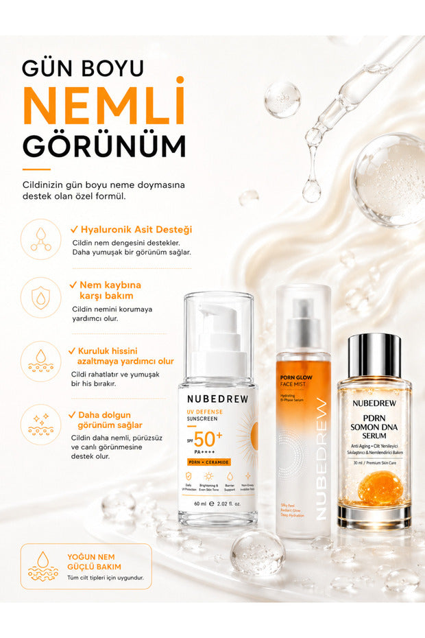 NUBEDREW PDRN Premium Bakım Seti – PDRN Somon DNA Serum + Glow Face Mist + SPF50+ Ceramide Güneş Kremi  Nemlendirici, Aydınlatıcı ve Cilt Bakım Seti