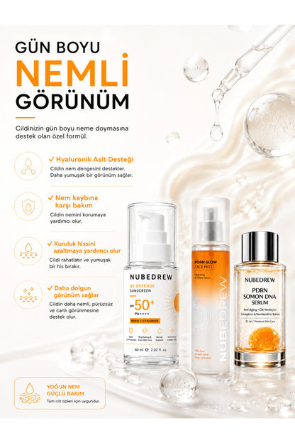 NUBEDREW PDRN Premium Bakım Seti – PDRN Somon DNA Serum + Glow Face Mist + SPF50+ Ceramide Güneş Kremi  Nemlendirici, Aydınlatıcı ve Cilt Bakım Seti