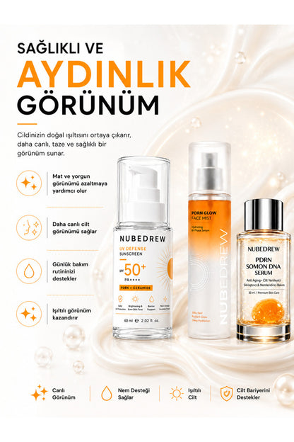 NUBEDREW PDRN Premium Bakım Seti – PDRN Somon DNA Serum + Glow Face Mist + SPF50+ Ceramide Güneş Kremi  Nemlendirici, Aydınlatıcı ve Cilt Bakım Seti