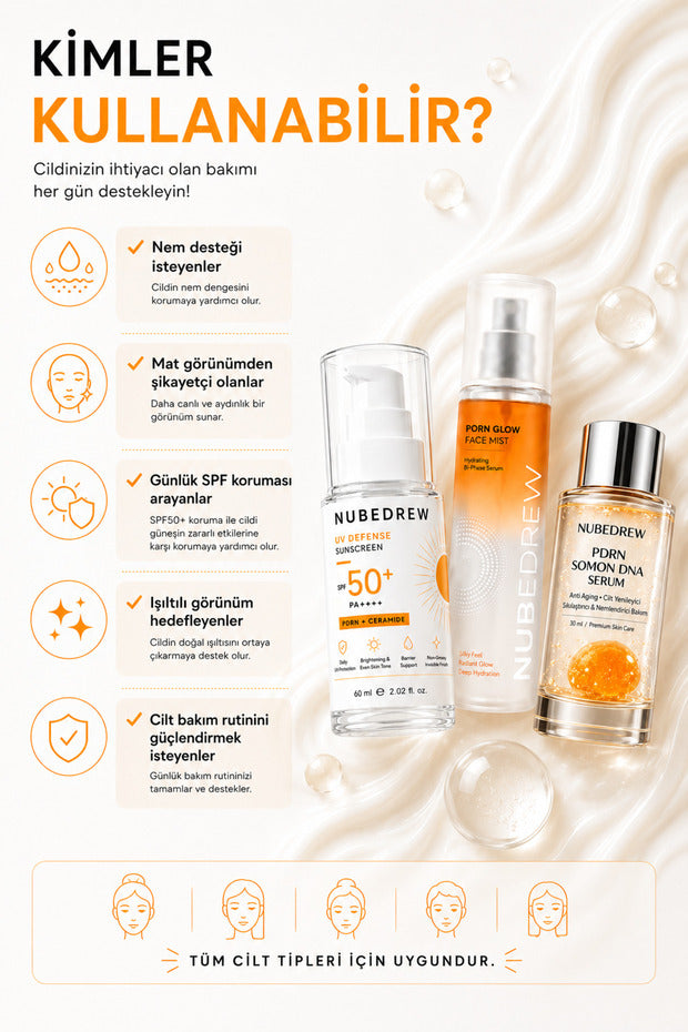 NUBEDREW PDRN Premium Bakım Seti – PDRN Somon DNA Serum + Glow Face Mist + SPF50+ Ceramide Güneş Kremi  Nemlendirici, Aydınlatıcı ve Cilt Bakım Seti