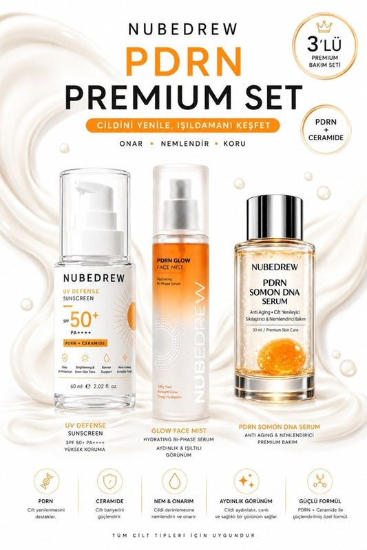 NUBEDREW PDRN Premium Bakım Seti – PDRN Somon DNA Serum + Glow Face Mist + SPF50+ Ceramide Güneş Kremi  Nemlendirici, Aydınlatıcı ve Cilt Bakım Seti
