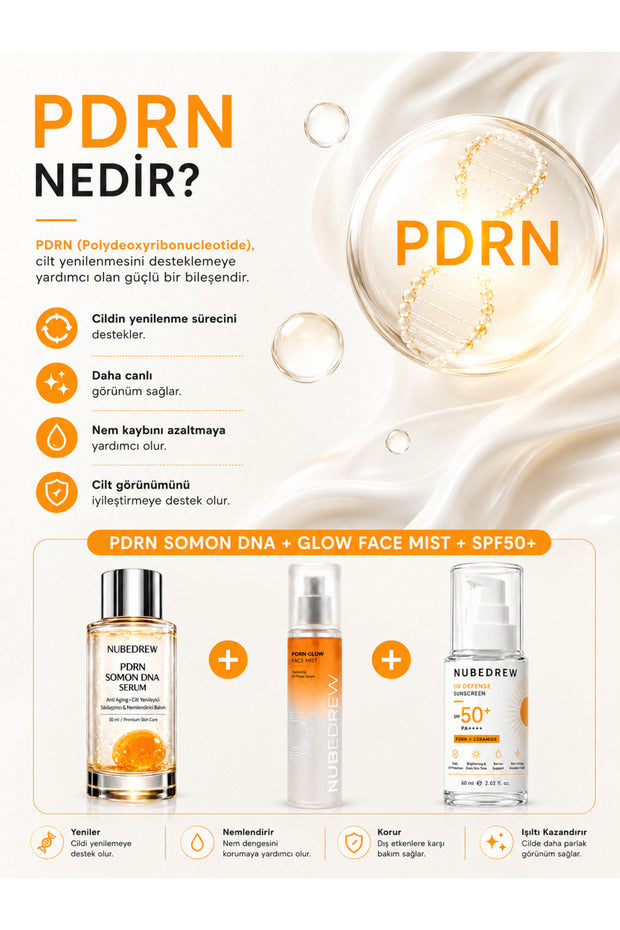 NUBEDREW PDRN Premium Bakım Seti – PDRN Somon DNA Serum + Glow Face Mist + SPF50+ Ceramide Güneş Kremi  Nemlendirici, Aydınlatıcı ve Cilt Bakım Seti