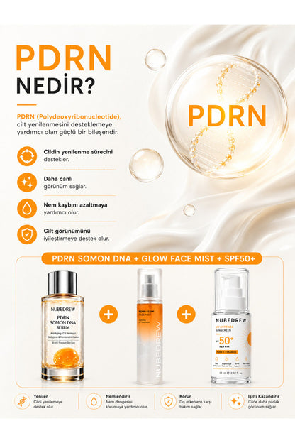 NUBEDREW PDRN Premium Bakım Seti – PDRN Somon DNA Serum + Glow Face Mist + SPF50+ Ceramide Güneş Kremi  Nemlendirici, Aydınlatıcı ve Cilt Bakım Seti