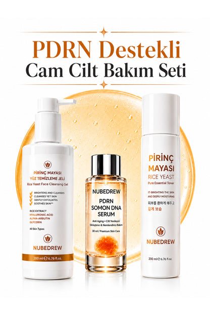 PDRN Somon DNA Cam Cilt Bakım Seti - Pirinç Mayası Tonik + Yüz Temizleme Jeli + Serum - Nemlendirici, Aydınlatıcı ve Cilt Bakım Rutini Seti