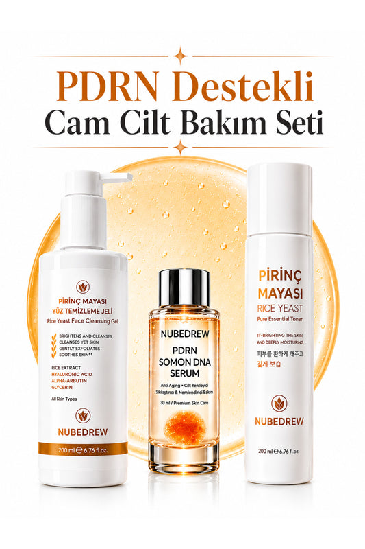 PDRN Somon DNA Cam Cilt Bakım Seti - Pirinç Mayası Tonik + Yüz Temizleme Jeli + Serum - Nemlendirici, Aydınlatıcı ve Cilt Bakım Rutini Seti