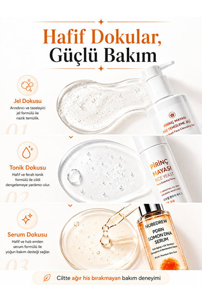 PDRN Somon DNA Cam Cilt Bakım Seti - Pirinç Mayası Tonik + Yüz Temizleme Jeli + Serum - Nemlendirici, Aydınlatıcı ve Cilt Bakım Rutini Seti