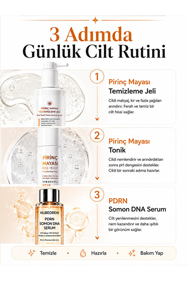 PDRN Somon DNA Cam Cilt Bakım Seti - Pirinç Mayası Tonik + Yüz Temizleme Jeli + Serum - Nemlendirici, Aydınlatıcı ve Cilt Bakım Rutini Seti