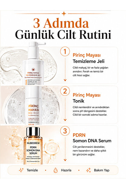 PDRN Somon DNA Cam Cilt Bakım Seti - Pirinç Mayası Tonik + Yüz Temizleme Jeli + Serum - Nemlendirici, Aydınlatıcı ve Cilt Bakım Rutini Seti