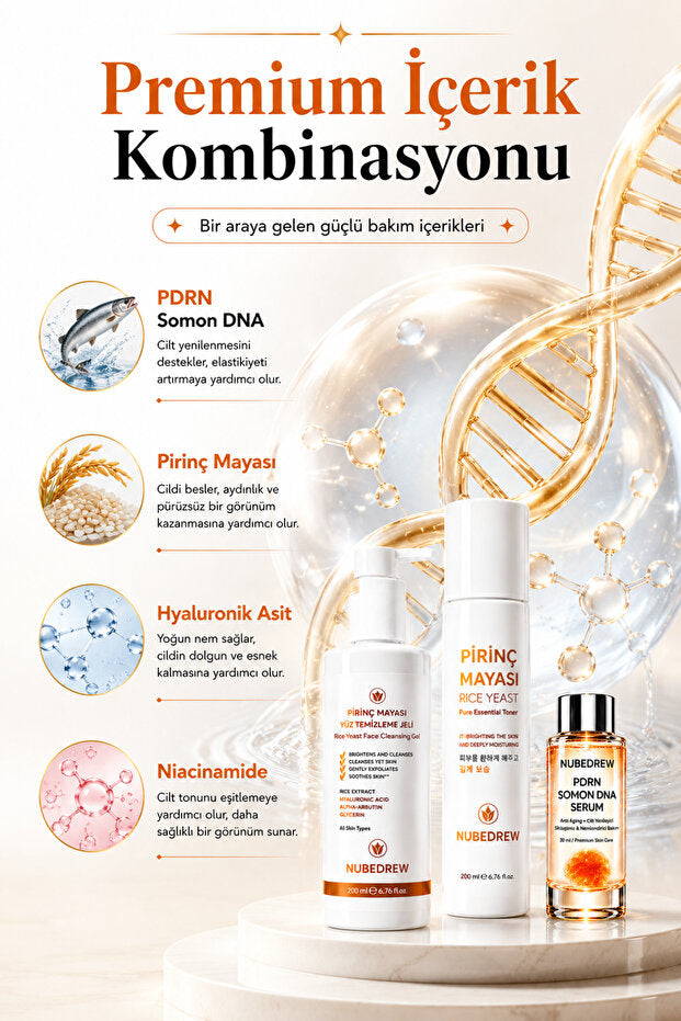 PDRN Somon DNA Cam Cilt Bakım Seti - Pirinç Mayası Tonik + Yüz Temizleme Jeli + Serum - Nemlendirici, Aydınlatıcı ve Cilt Bakım Rutini Seti