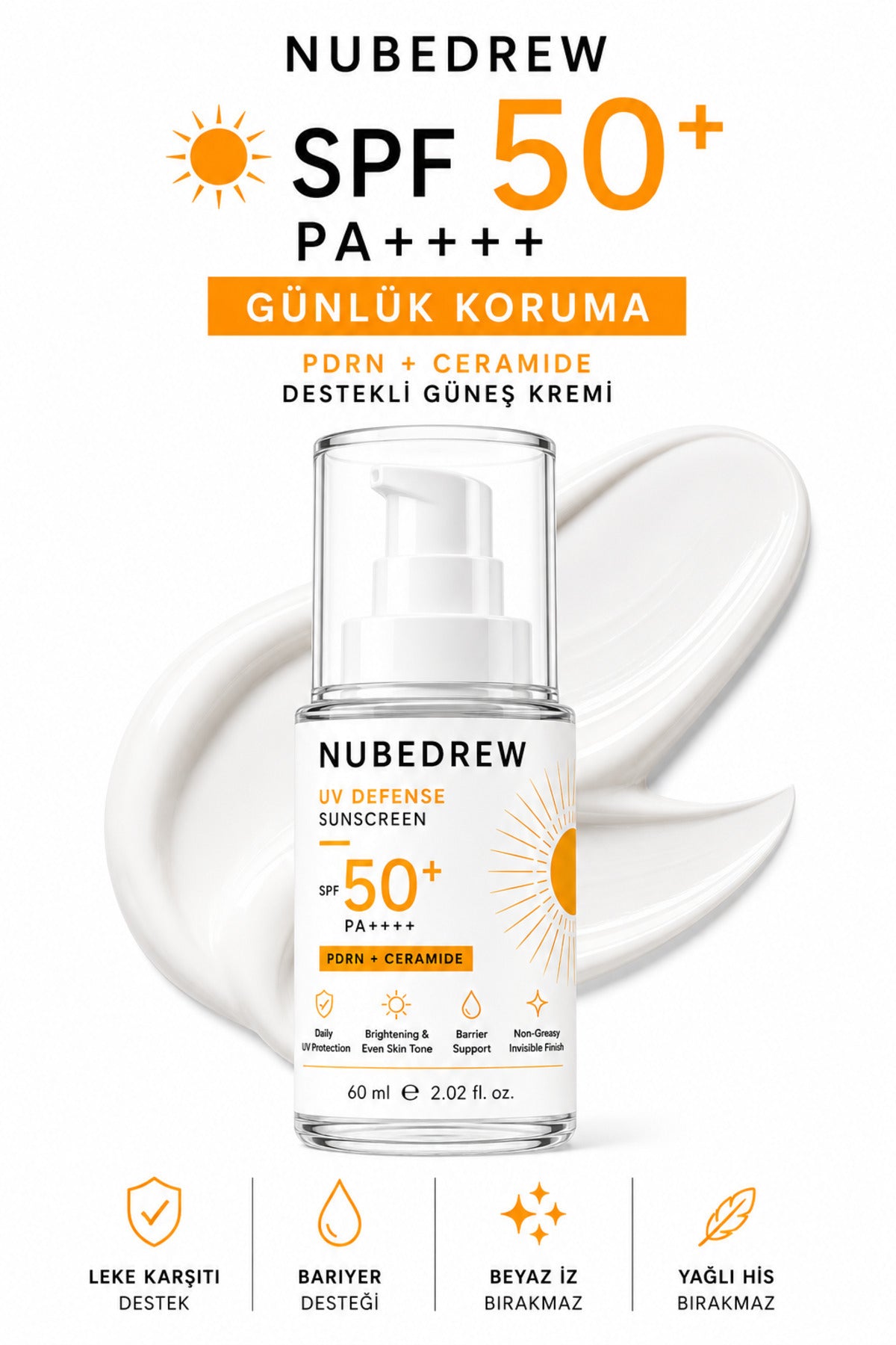 NUBEDREW PDRN Somon DNA & Ceramide SPF50+ PA++++ Güneş Kremi 60 ML  Beyaz İz Bırakmayan, Leke Karşıtı ve Cilt Bariyeri Destekleyici