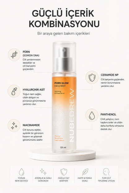 NUBEDREW PDRN Somon DNA Glow Face Mist Tonik 120 ml – Ceramide, Niacinamide ve Hyaluronik Asit İçeren Çift Fazlı Nemlendirici Yüz Spreyi