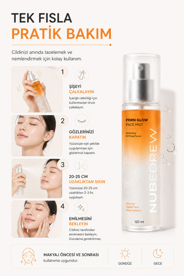 NUBEDREW PDRN Somon DNA Glow Face Mist Tonik 120 ml – Ceramide, Niacinamide ve Hyaluronik Asit İçeren Çift Fazlı Nemlendirici Yüz Spreyi