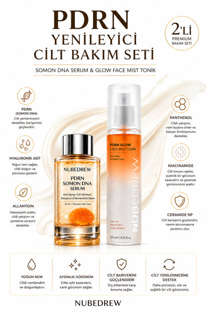 PDRN Somon DNA Serum 30 ml ve PDRN Glow Face Mist Tonik 120 ml Yenileyici 2'li Premium Cilt Bakım Seti