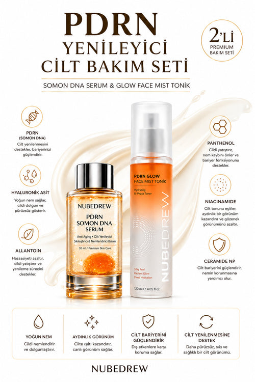 PDRN Somon DNA Serum 30 ml ve PDRN Glow Face Mist Tonik 120 ml Yenileyici 2'li Premium Cilt Bakım Seti