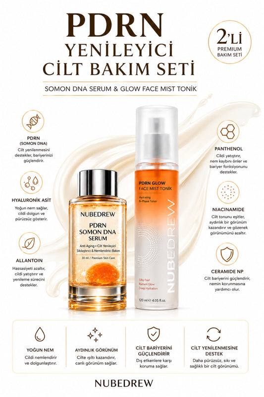 PDRN Somon DNA Serum 30 ml ve PDRN Glow Face Mist Tonik 120 ml Yenileyici 2'li Premium Cilt Bakım Seti