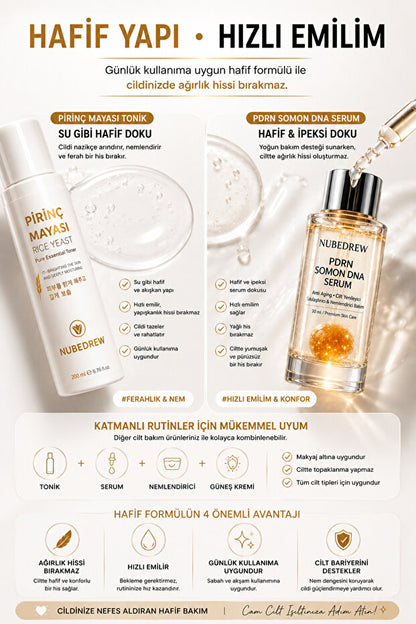 PDRN Somon DNA Serum 30ml + Pirinç Mayası Tonik Seti 200ml Cam Cilt Bakım Rutini Nemlendirici ve Aydınlatıcı Cilt Bakım Seti