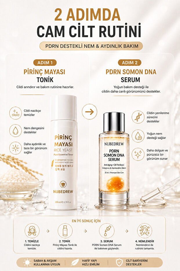 PDRN Somon DNA Serum 30ml + Pirinç Mayası Tonik Seti 200ml Cam Cilt Bakım Rutini Nemlendirici ve Aydınlatıcı Cilt Bakım Seti