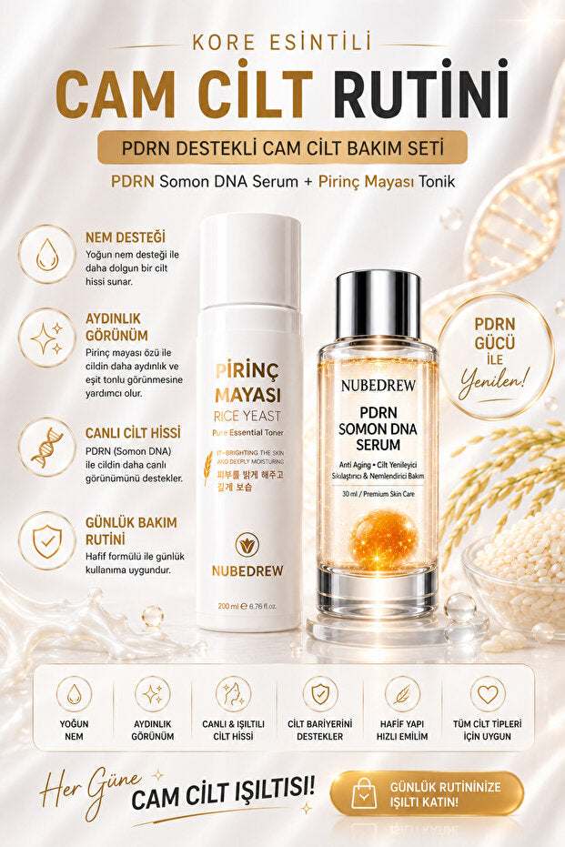 PDRN Somon DNA Serum 30ml + Pirinç Mayası Tonik Seti 200ml Cam Cilt Bakım Rutini Nemlendirici ve Aydınlatıcı Cilt Bakım Seti
