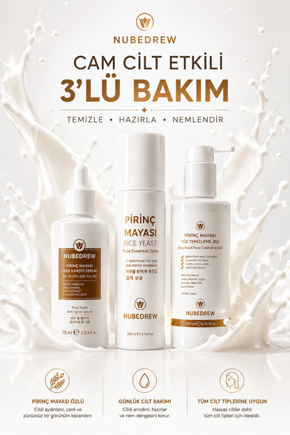Pirinç Mayası 3'lü Cilt Bakım Seti – Tonik + Leke Karşıtı Serum + Yüz Temizleme Jeli