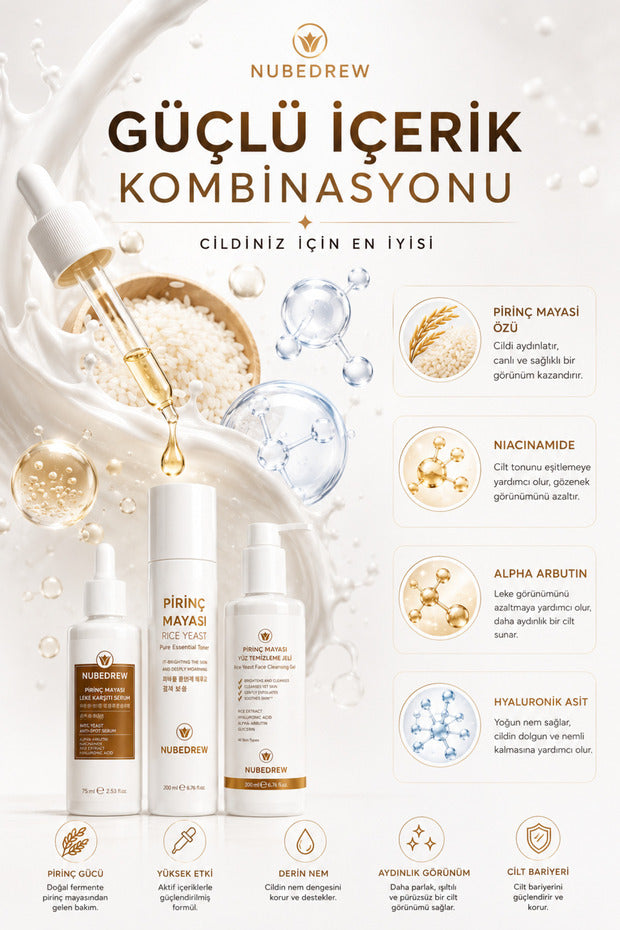 Pirinç Mayası 3'lü Cilt Bakım Seti – Tonik + Leke Karşıtı Serum + Yüz Temizleme Jeli