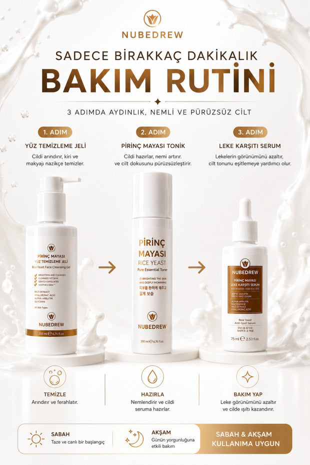 Pirinç Mayası 3'lü Cilt Bakım Seti – Tonik + Leke Karşıtı Serum + Yüz Temizleme Jeli