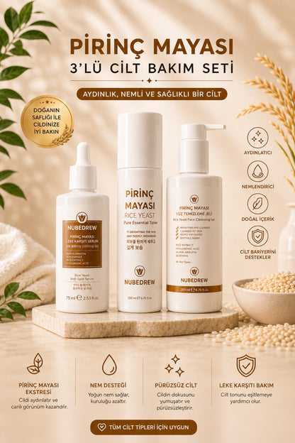 Pirinç Mayası 3'lü Cilt Bakım Seti – Tonik + Leke Karşıtı Serum + Yüz Temizleme Jeli