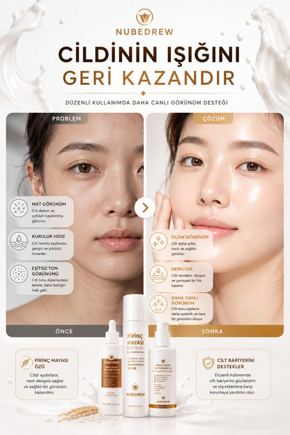 Pirinç Mayası 3'lü Cilt Bakım Seti – Tonik + Leke Karşıtı Serum + Yüz Temizleme Jeli