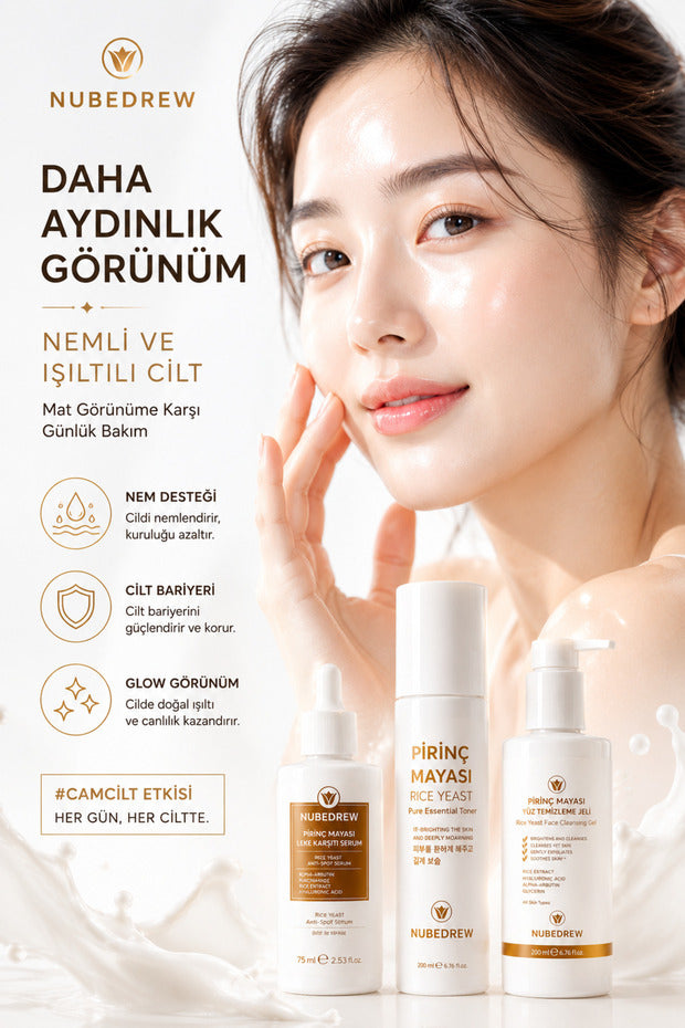 Pirinç Mayası 3'lü Cilt Bakım Seti – Tonik + Leke Karşıtı Serum + Yüz Temizleme Jeli